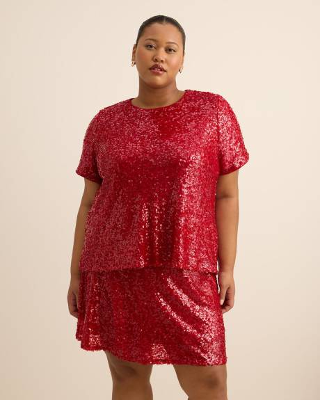 Red Short-Sleeve Sequins Knit Top