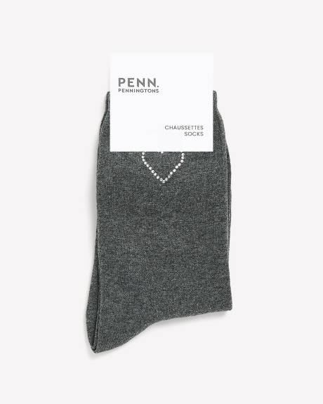 Grey Crew Sock with Rhinestone Heart