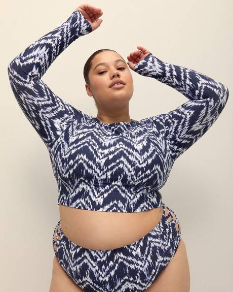 Herringbone-Print Long-Sleeve Crop Rashguard with Built-In Bra