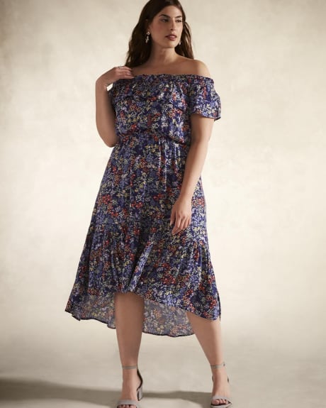 Printed Off-the-Shoulder Dress with Smocking - Addition Elle