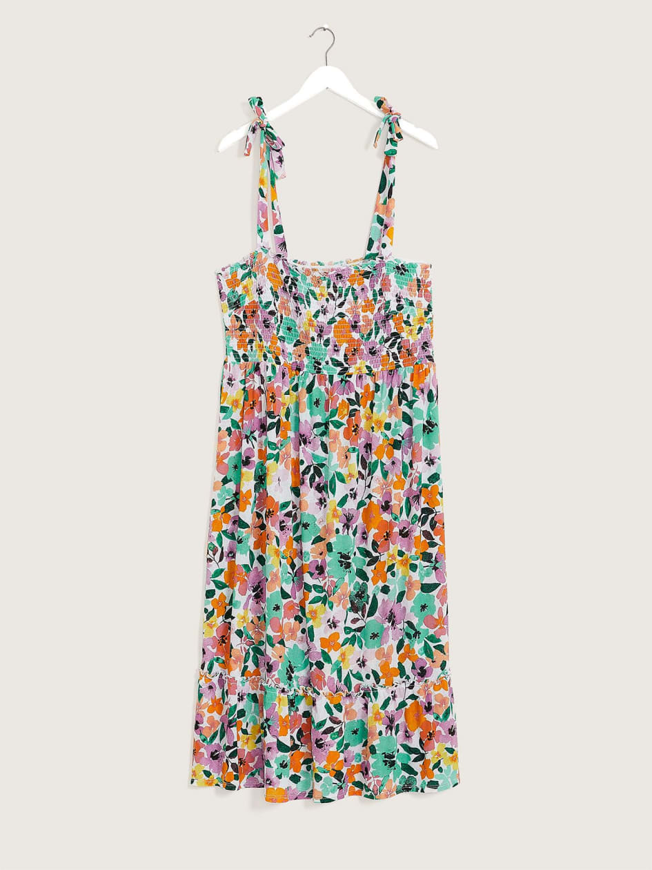 Floral Smocking Swim Cover-Up Dress with Tie Straps