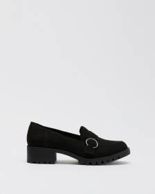 Flâneur surélevé noir en suède avec boucle de ceinture décorative, pied très large
