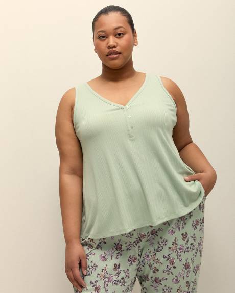 Green Henley-Neck Ribbed Knit Pyjama Tank Top - ti Voglio