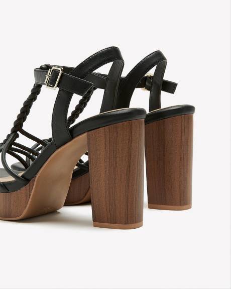 Extra Wide Width, Black Strappy Sandal with High Block Heel