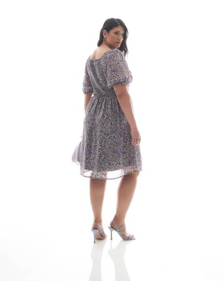 Pleated V-Neck Dress with Bubble Sleeves - Addition Elle