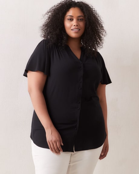 Solid Short-Sleeve Tunic Shirt With Mandarin Collar - In Every Story