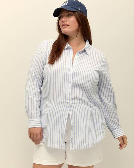 Striped Linen Blend Buttoned Down Shirt with Rolled-Up Sleeves