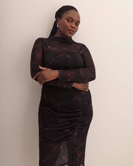 Black Fitted Mesh Midi Dress with Side Shirring - Addition Elle