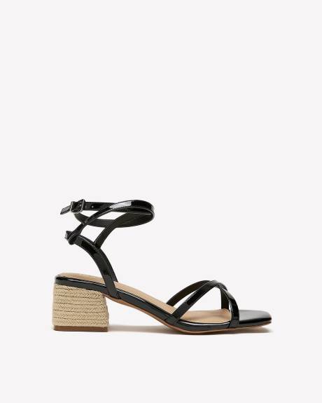 Extra Wide Width, Black Strappy Sandal with Raffia Block Heel