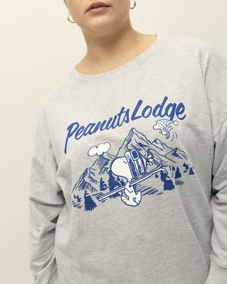 Pull gris chiné à col rond avec imprimé de Snoopy