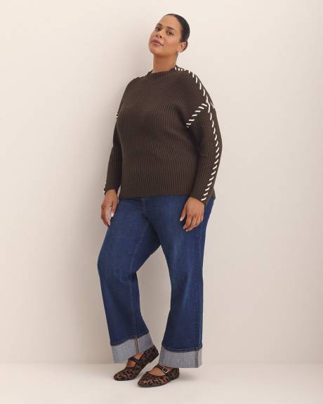 Cotton-Blend Funnel Neck Sweater with Whip Stitch