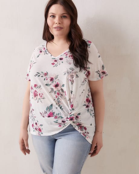 Linen Blend Printed Top With Knot Detail - In Every Story