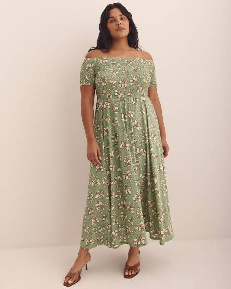 Robe longue fleurie verte à smocks et épaules dénudées - Addition Elle