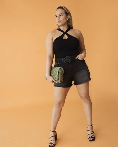 Black Ribbed Halter Sweater with Front Keyhole - Addition Elle