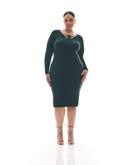 Ribbed Knit Dress with Neck Lace-Up - Addition Elle