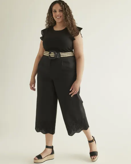 Black Wide-Leg Crop Pant with Embroidered Hem