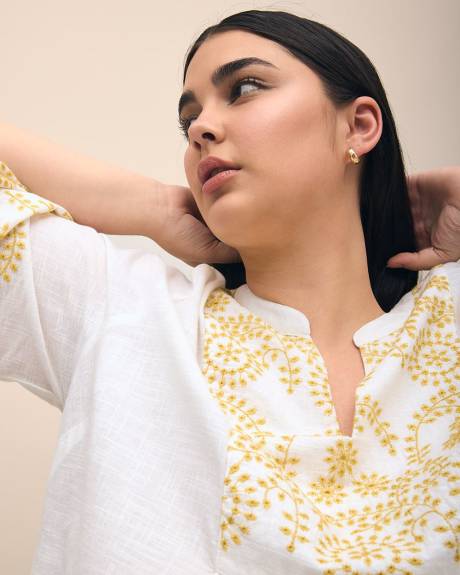3/4-Sleeve Split-Neck Cotton Blouse with Embroidery