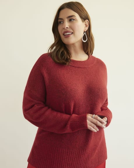 Long-Sleeve Crewneck Sweater with High Side Slits