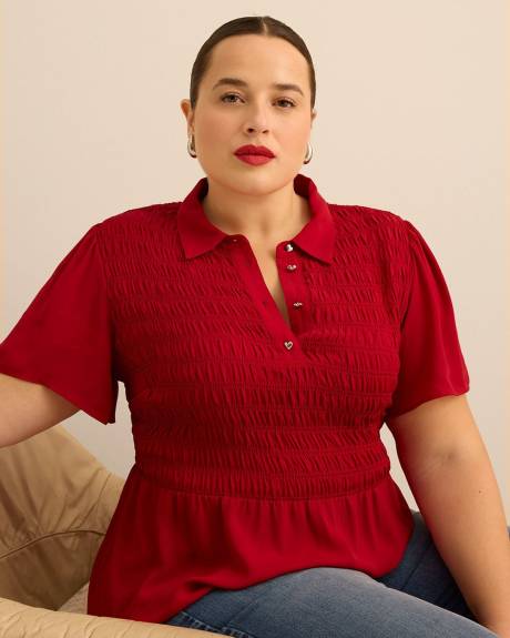 Responsible, Smocking Fit and Flare Blouse with Shirt Collar