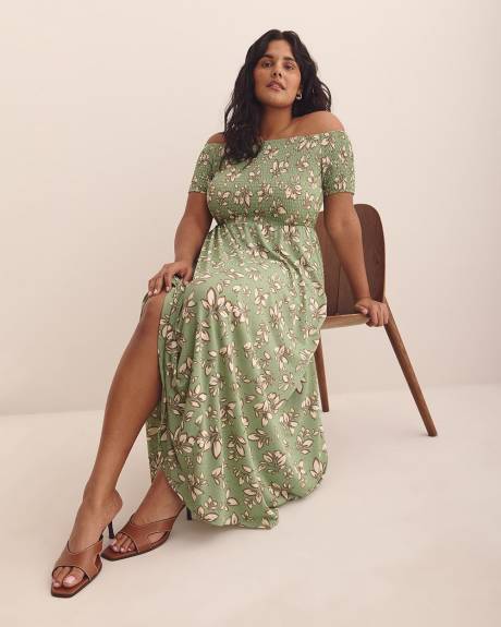 Robe longue fleurie verte à smocks et épaules dénudées - Addition Elle