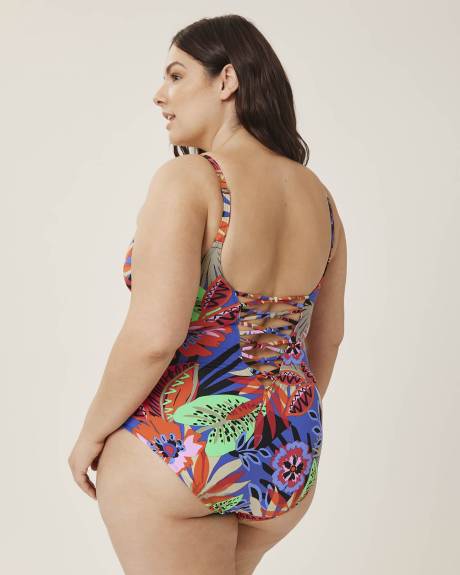 Tropical-Print Lace-Down One-Piece Swimsuit - Bleu Rod Beattie