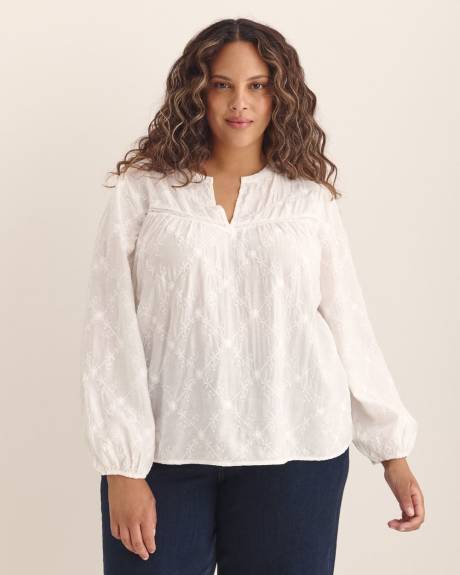 Long-Sleeve Balloon Sleeve Blouse with Trim Detail