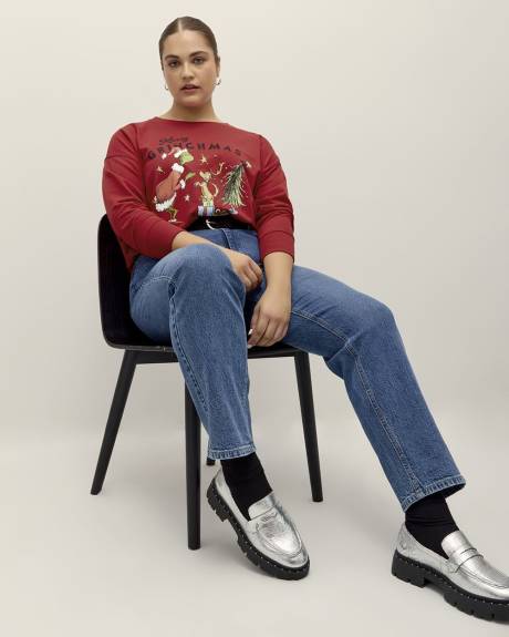 Pull rouge à col rond avec imprimé du Grinch
