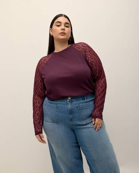 Ribbed Knit Top with Long Lace Sleeves