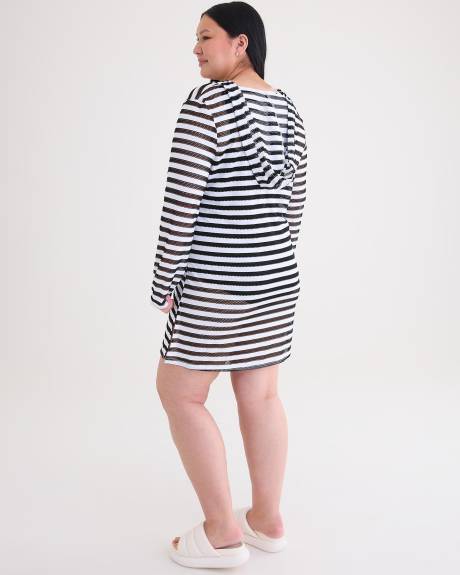 Eden Rock Short Hooded Striped Fishnet Swim Cover-Up Dress - Cover Me