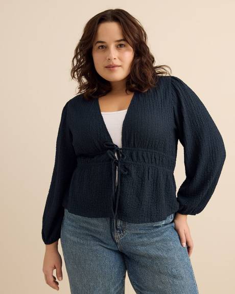 Textured Front-Tie Long-Sleeve Top