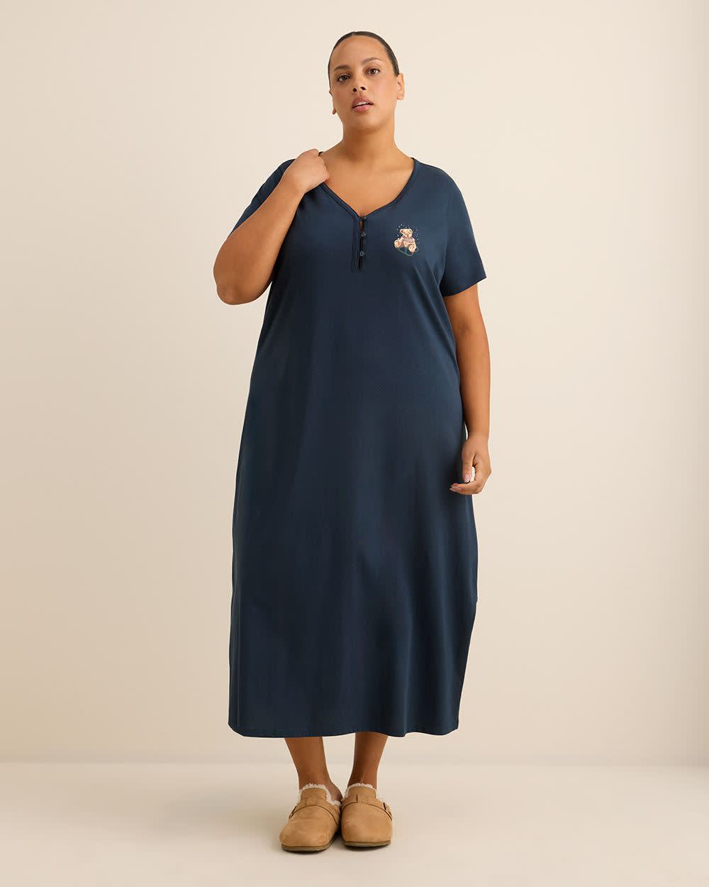 Long Blue Short-Sleeve Sleepshirt with Teddy Bear Placement Print - ti Voglio Long Blue Short-Sleeve Sleepshirt with Teddy Bear Placement Print - ti Voglio