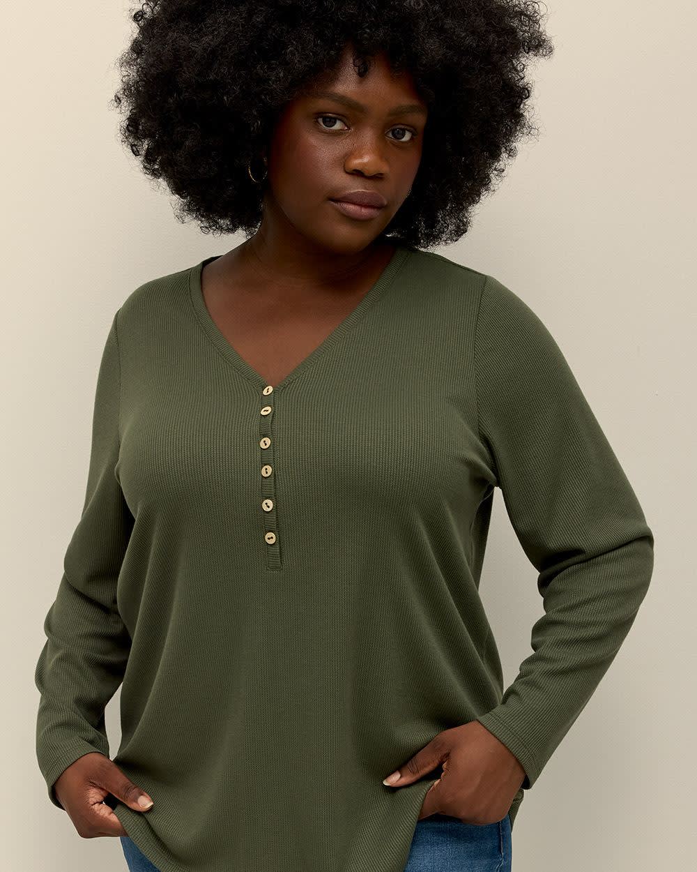 Long-Sleeve V-Neck Henley Knit Top | Penningtons