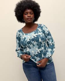 Smocked Back Blouse with Long Balloon Sleeves - Addition Elle