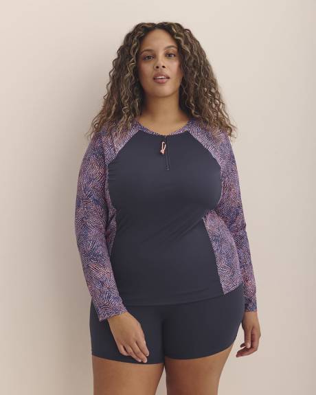 Textured Dotted Long-Sleeve Rashguard with Built-In Bra