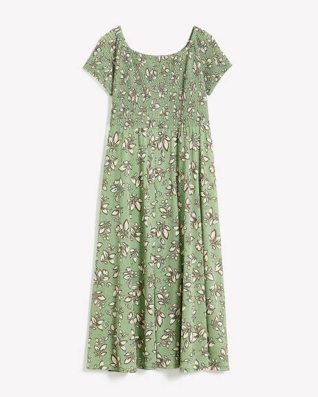 Robe longue fleurie verte à smocks et épaules dénudées - Addition Elle
