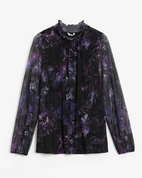 Floral Mesh Top with Smocking Collar