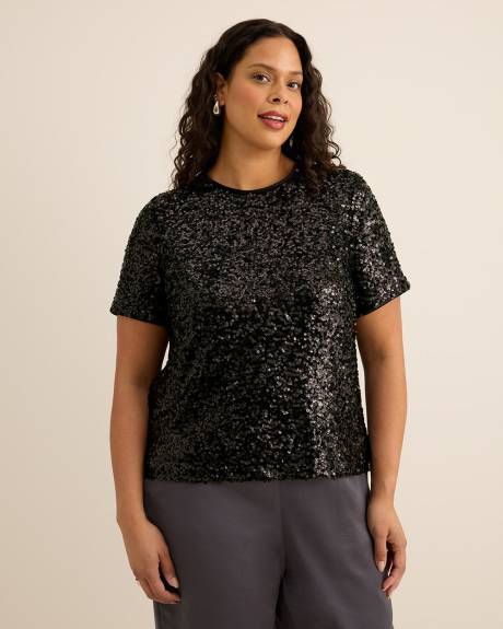 Short-Sleeve Sequins Crewneck Top
