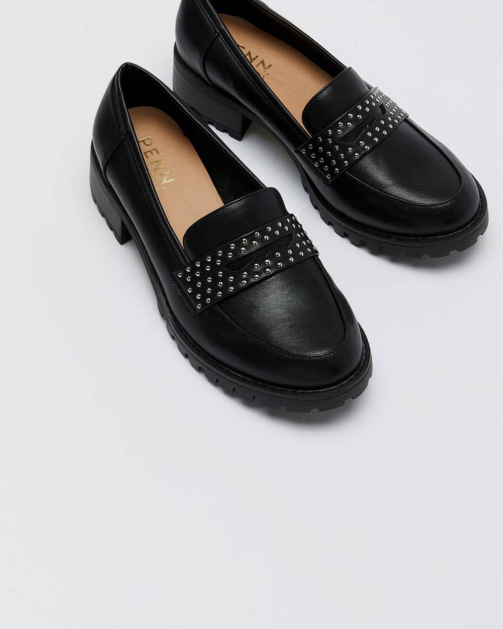 Extra Wide Width, Black Platform Loafer with Shiny Studs | Penningtons