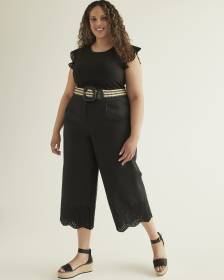 Pantalon noir écourté à jambe évasée avec ourlet brodé