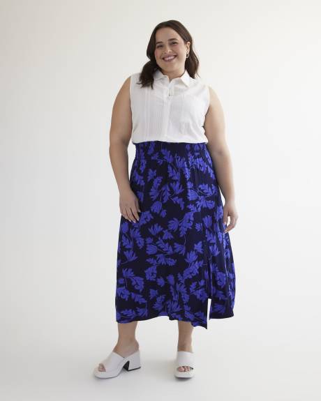 Jupe midi en tricot, motif à feuilles, tissu responsable
