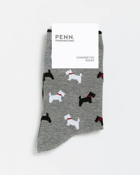 Grey Crew Socks with Dog Print