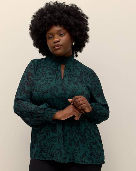 A-Line Blouse with Smocking Mock Collar
