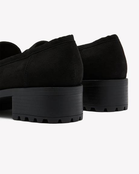 Flâneur surélevé noir en suède avec boucle de ceinture décorative, pied très large
