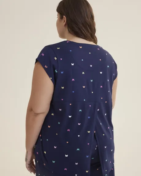 Printed Cap-Sleeve Pyjama Top with Open Crossover Back - ti VOGLIO