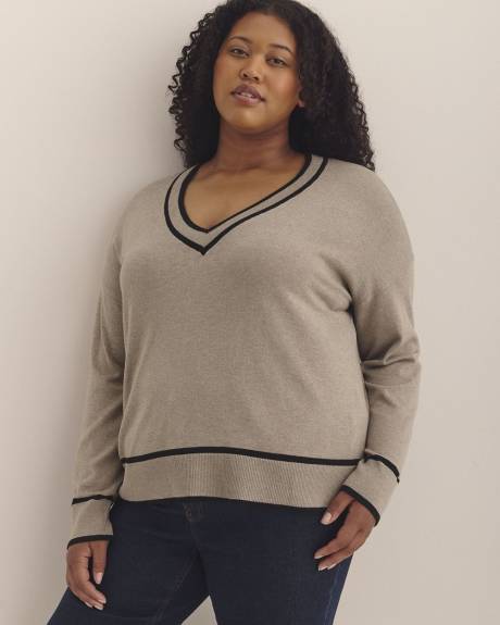 Pull à col en V et manches longues en mélange de coton, tissu responsable
