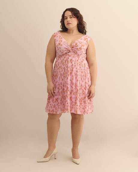 Floral Knotted Sleeveless Dress with Pleated Skirt - Addition Elle