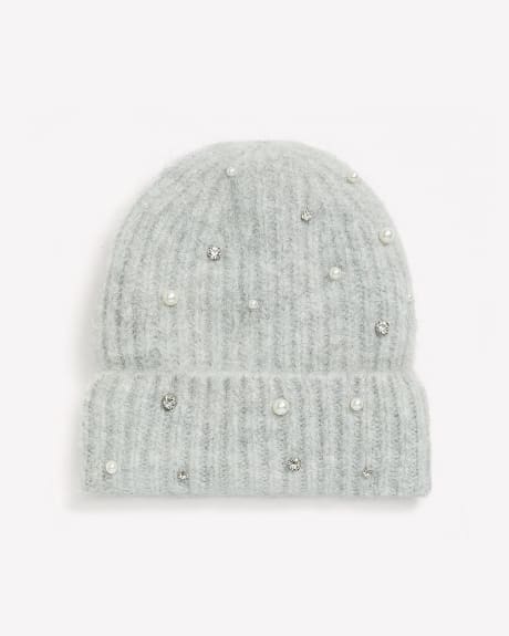 Ribbed Knit Cuff Beanie with Fleece Lining and Decorative Pearls