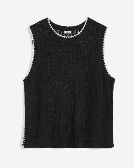 Sleeveless Cotton Sweater with Crochet Ribbed Bands