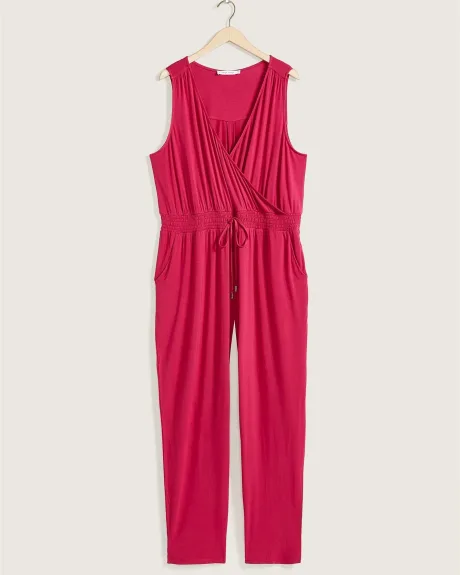 Solid Knit Sleeveless Faux Wrap Jumpsuit - In Every Story