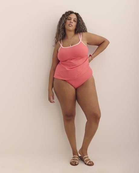 Coral Ribbed Tankini Top with Geometric Double Straps